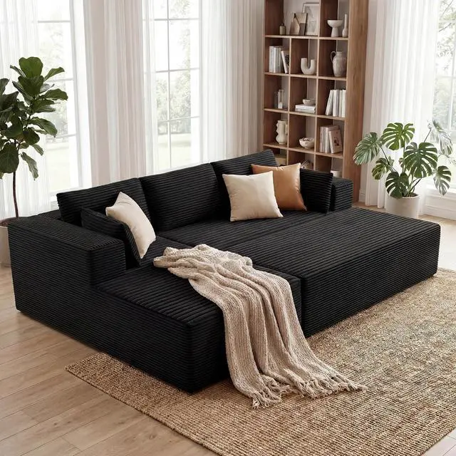 Alt view image 6 of 7 - 106" Oversized Sectional Boneless Sleeper Sofa Bed Couches for Living Room, Modular L Shaped Couch with Left Facing Chaise & Big Ottoman, Compressed Spineless Corduroy Cloud Sofas, Black