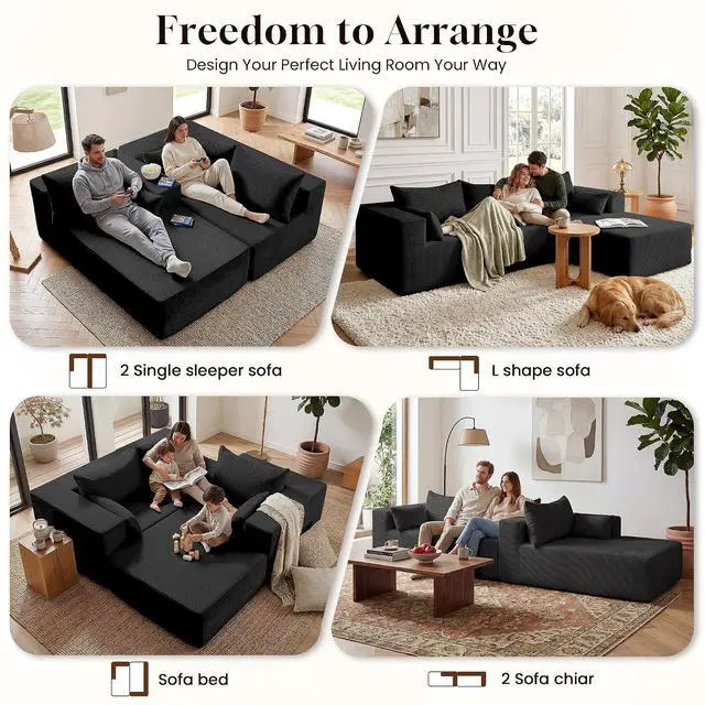 Alt view image 5 of 7 - GRUSIGN106 Cloud Sectional Boneless Couch for Living Room, Modular L Shaped Couches with Oversized Right Facing Chaise, Memory Foam Compressed Spineless Deep Seat 3 Seater Sofa for Apartment, Black