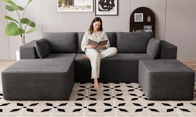 Main image of 106" Cloud Sectional Boneless Couches for Living Room, Modular U Shaped Couch with Deep Seat, Removable Ottoman, Memory Foam Compressed Spineless 4 Seater Sofa for Bedroom Apartment, Grey