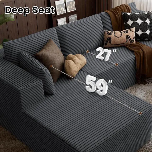 Alt view image 5 of 7 - 106" Cloud Sectional Boneless Couches for Living Room, Modular L Shaped Couch with Deep Seat Oversized Right Facing Chaise, Memory Foam Compressed Spineless 3 Seater Sofa for Apartment, Grey