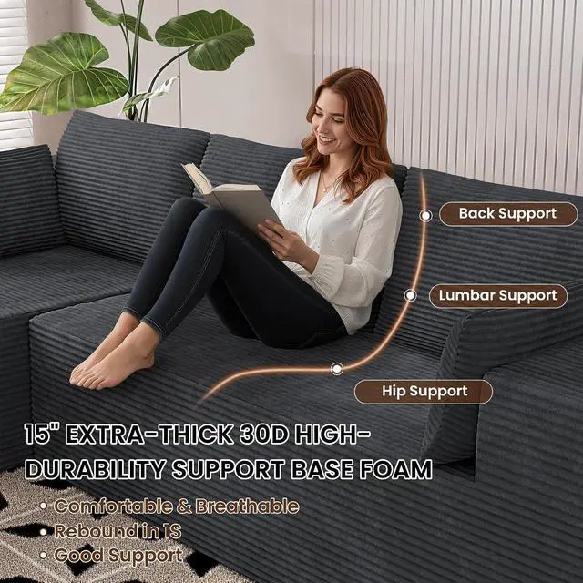 Alt view image 4 of 7 - 106" Cloud Sectional Boneless Couches for Living Room, Modular L Shaped Couch with Deep Seat Oversized Right Facing Chaise, Memory Foam Compressed Spineless 3 Seater Sofa for Apartment, Grey