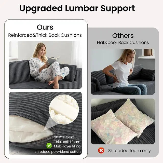 Alt view image 3 of 7 - 106" Cloud Sectional Boneless Couches for Living Room, Modular L Shaped Couch with Deep Seat Oversized Right Facing Chaise, Memory Foam Compressed Spineless 3 Seater Sofa for Apartment, Grey