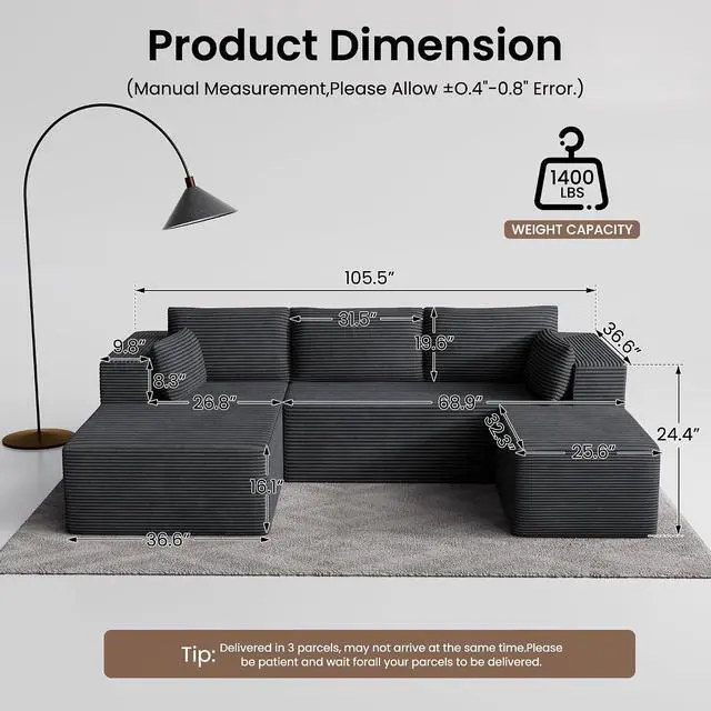 Alt view image 2 of 7 - 106" Cloud Sectional Boneless Couches for Living Room, Modular U Shaped Couch with Deep Seat, Removable Ottoman, Memory Foam Compressed Spineless 4 Seater Sofa for Bedroom Apartment, Grey