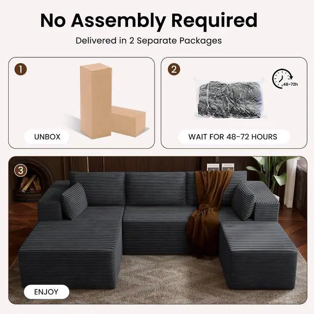 Alt view image 6 of 7 - 106" Cloud Sectional Boneless Couches for Living Room, Modular U Shaped Couch with Deep Seat, Removable Ottoman, Memory Foam Compressed Spineless 4 Seater Sofa for Bedroom Apartment, Grey