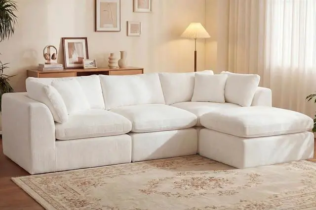 Main image of 110'' Oversized Boneless Cloud Couch for Living Room, Modern Big Sectional Compressed L Shape Couch with Ottoman, Comfy Chenille Deep Seat Memory Foam Spineless 4 Seater Sofa, Beige