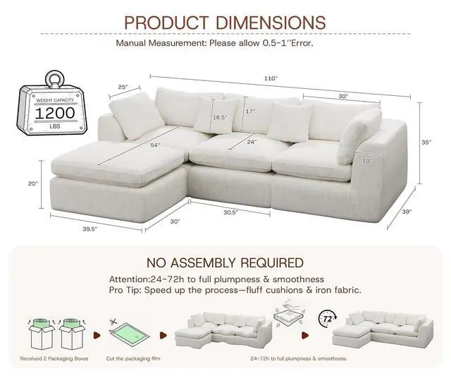 Alt view image 2 of 7 - 110'' Oversized Boneless Cloud Couch for Living Room, Modern Big Sectional Compressed L Shape Couch with Ottoman, Comfy Chenille Deep Seat Memory Foam Spineless 4 Seater Sofa, Beige