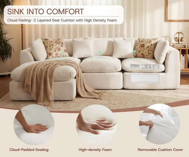 Alt view image 6 of 7 - 110'' Oversized Boneless Cloud Couch for Living Room, Modern Big Sectional Compressed L Shape Couch with Ottoman, Comfy Chenille Deep Seat Memory Foam Spineless 4 Seater Sofa, Beige