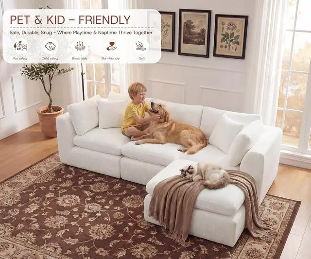 Alt view image 7 of 7 - 110'' Oversized Boneless Cloud Couch for Living Room, Modern Big Sectional Compressed L Shape Couch with Ottoman, Comfy Chenille Deep Seat Memory Foam Spineless 4 Seater Sofa, Beige