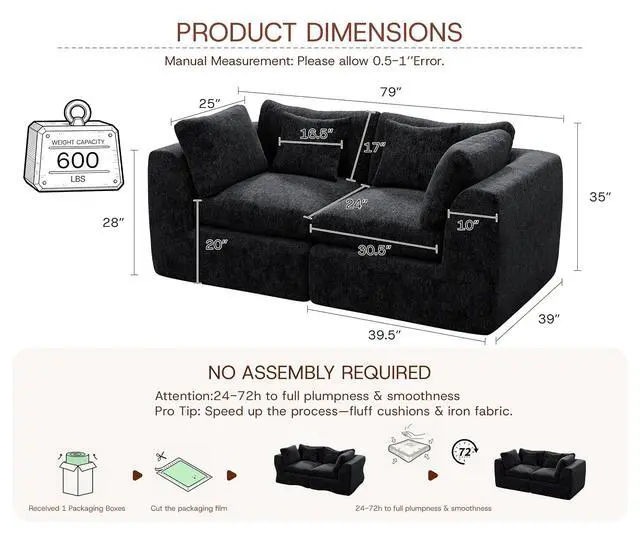 Alt view image 2 of 7 - 79'' Oversized Boneless Cloud Loveseat for Living Room, Modern Big Sectional Compressed 2 Seater Couch with 2 Throw Pillows, Comfy Chenille Deep Seat Foam Spineless 2 Person Couch, Black