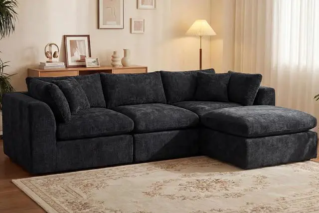 Main image of 110'' Oversized Boneless Cloud Couch for Living Room, Modern Big Sectional Compressed L Shape Couch with Ottoman, Comfy Chenille Deep Seat Memory Foam Spineless 4 Seater Sofa, Black