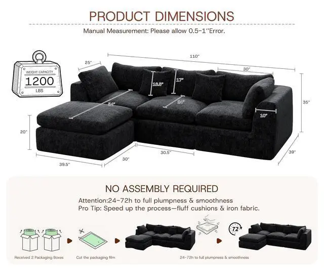 Alt view image 2 of 7 - 110'' Oversized Boneless Cloud Couch for Living Room, Modern Big Sectional Compressed L Shape Couch with Ottoman, Comfy Chenille Deep Seat Memory Foam Spineless 4 Seater Sofa, Black