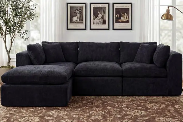 Alt view image 3 of 7 - 110'' Oversized Boneless Cloud Couch for Living Room, Modern Big Sectional Compressed L Shape Couch with Ottoman, Comfy Chenille Deep Seat Memory Foam Spineless 4 Seater Sofa, Black