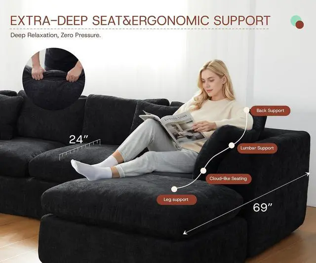 Alt view image 5 of 7 - 110'' Oversized Boneless Cloud Couch for Living Room, Modern Big Sectional Compressed L Shape Couch with Ottoman, Comfy Chenille Deep Seat Memory Foam Spineless 4 Seater Sofa, Black