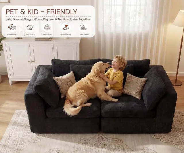 Alt view image 5 of 7 - 79'' Oversized Boneless Cloud Loveseat for Living Room, Modern Big Sectional Compressed 2 Seater Couch with 2 Throw Pillows, Comfy Chenille Deep Seat Foam Spineless 2 Person Couch, Black