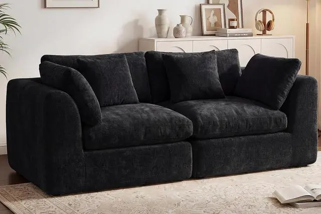 Alt view image 6 of 7 - 79'' Oversized Boneless Cloud Loveseat for Living Room, Modern Big Sectional Compressed 2 Seater Couch with 2 Throw Pillows, Comfy Chenille Deep Seat Foam Spineless 2 Person Couch, Black