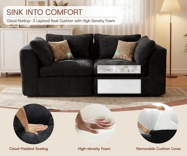 Alt view image 4 of 7 - 79'' Oversized Boneless Cloud Loveseat for Living Room, Modern Big Sectional Compressed 2 Seater Couch with 2 Throw Pillows, Comfy Chenille Deep Seat Foam Spineless 2 Person Couch, Black