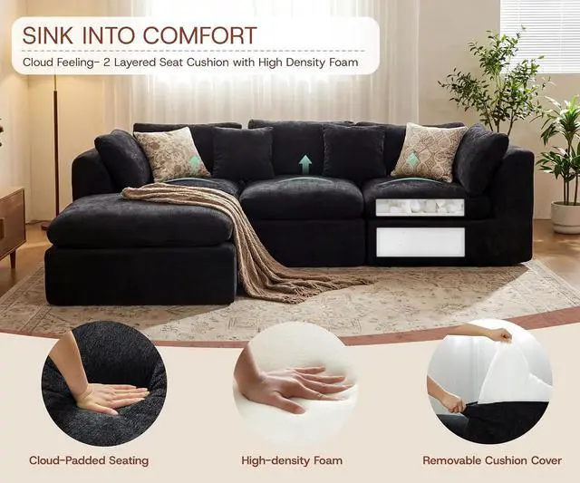 Alt view image 7 of 7 - 110'' Oversized Boneless Cloud Couch for Living Room, Modern Big Sectional Compressed L Shape Couch with Ottoman, Comfy Chenille Deep Seat Memory Foam Spineless 4 Seater Sofa, Black