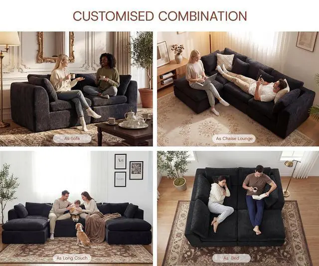Alt view image 3 of 7 - 141'' Oversized Boneless Cloud Couch for Living Room, Modern Big Sectional Compressed U Shape Couch with 2 Ottoman, Comfy Chenille Deep Seat Memory Foam Spineless 6 Seater Sofa,Black