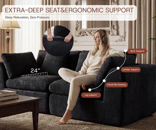 Alt view image 7 of 7 - 141'' Oversized Boneless Cloud Couch for Living Room, Modern Big Sectional Compressed U Shape Couch with 2 Ottoman, Comfy Chenille Deep Seat Memory Foam Spineless 6 Seater Sofa,Black