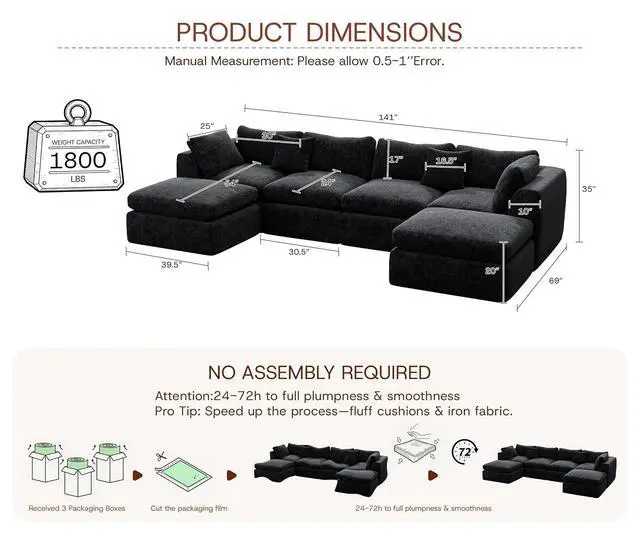 Alt view image 2 of 7 - 141'' Oversized Boneless Cloud Couch for Living Room, Modern Big Sectional Compressed U Shape Couch with 2 Ottoman, Comfy Chenille Deep Seat Memory Foam Spineless 6 Seater Sofa,Black