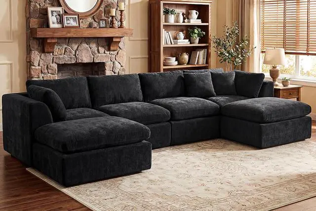 Main image of 141'' Oversized Boneless Cloud Couch for Living Room, Modern Big Sectional Compressed U Shape Couch with 2 Ottoman, Comfy Chenille Deep Seat Memory Foam Spineless 6 Seater Sofa,Black