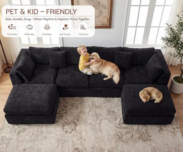 Alt view image 4 of 7 - 141'' Oversized Boneless Cloud Couch for Living Room, Modern Big Sectional Compressed U Shape Couch with 2 Ottoman, Comfy Chenille Deep Seat Memory Foam Spineless 6 Seater Sofa,Black