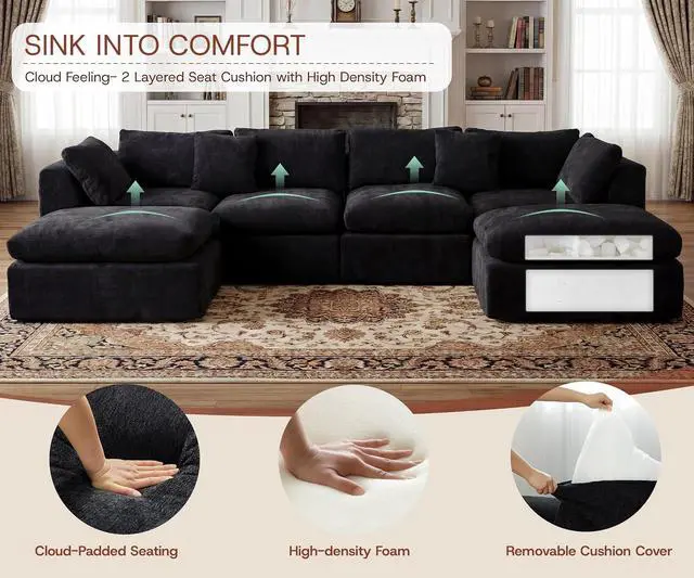 Alt view image 5 of 7 - 141'' Oversized Boneless Cloud Couch for Living Room, Modern Big Sectional Compressed U Shape Couch with 2 Ottoman, Comfy Chenille Deep Seat Memory Foam Spineless 6 Seater Sofa,Black