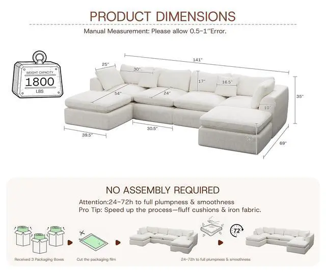 Alt view image 2 of 7 - 141'' Oversized Boneless Cloud Couch for Living Room, Modern Big Sectional Compressed U Shape Couch with 2 Ottoman, Comfy Chenille Deep Seat Memory Foam Spineless 6 Seater Sofa, Beige