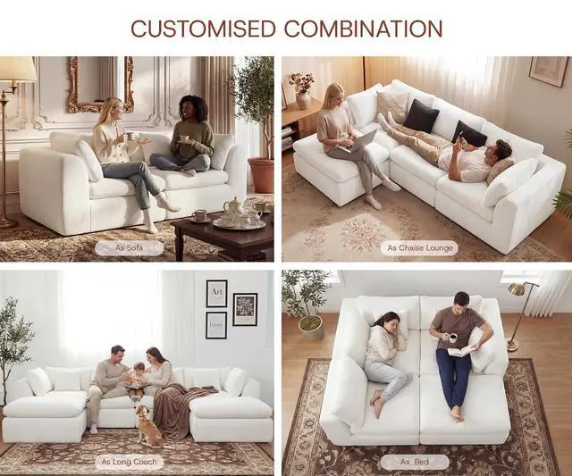 Alt view image 4 of 7 - 110'' Oversized Boneless Cloud Couch for Living Room, Modern Big Sectional Compressed L Shape Couch with Ottoman, Comfy Chenille Deep Seat Memory Foam Spineless 4 Seater Sofa, Beige