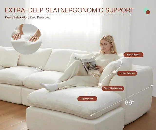 Alt view image 3 of 7 - 110'' Oversized Boneless Cloud Couch for Living Room, Modern Big Sectional Compressed L Shape Couch with Ottoman, Comfy Chenille Deep Seat Memory Foam Spineless 4 Seater Sofa, Beige