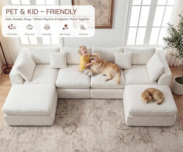 Alt view image 6 of 7 - 141'' Oversized Boneless Cloud Couch for Living Room, Modern Big Sectional Compressed U Shape Couch with 2 Ottoman, Comfy Chenille Deep Seat Memory Foam Spineless 6 Seater Sofa, Beige