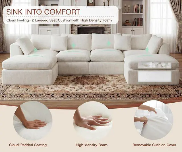 Alt view image 7 of 7 - 141'' Oversized Boneless Cloud Couch for Living Room, Modern Big Sectional Compressed U Shape Couch with 2 Ottoman, Comfy Chenille Deep Seat Memory Foam Spineless 6 Seater Sofa, Beige