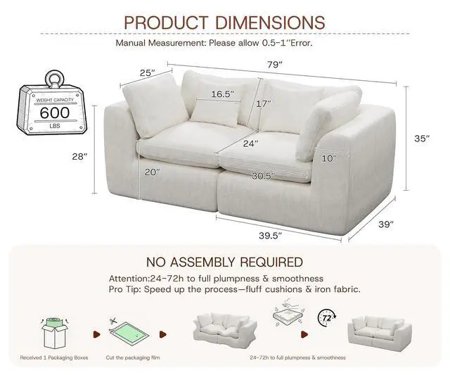 Alt view image 2 of 7 - 79'' Oversized Boneless Cloud Loveseat for Living Room, Modern Big Sectional Compressed 2 Seater Couch with 2 Throw Pillows, Comfy Chenille Deep Seat Foam Spineless 2 Person Couch, Beige