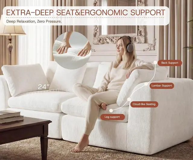 Alt view image 4 of 7 - 79'' Oversized Boneless Cloud Loveseat for Living Room, Modern Big Sectional Compressed 2 Seater Couch with 2 Throw Pillows, Comfy Chenille Deep Seat Foam Spineless 2 Person Couch, Beige