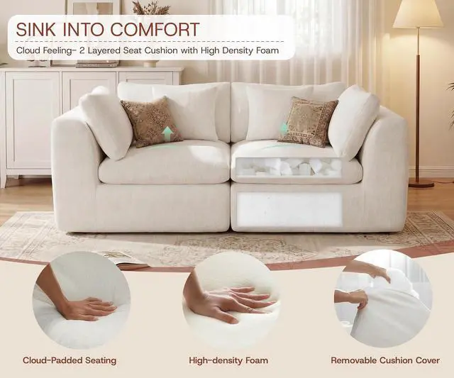 Alt view image 5 of 7 - 79'' Oversized Boneless Cloud Loveseat for Living Room, Modern Big Sectional Compressed 2 Seater Couch with 2 Throw Pillows, Comfy Chenille Deep Seat Foam Spineless 2 Person Couch, Beige