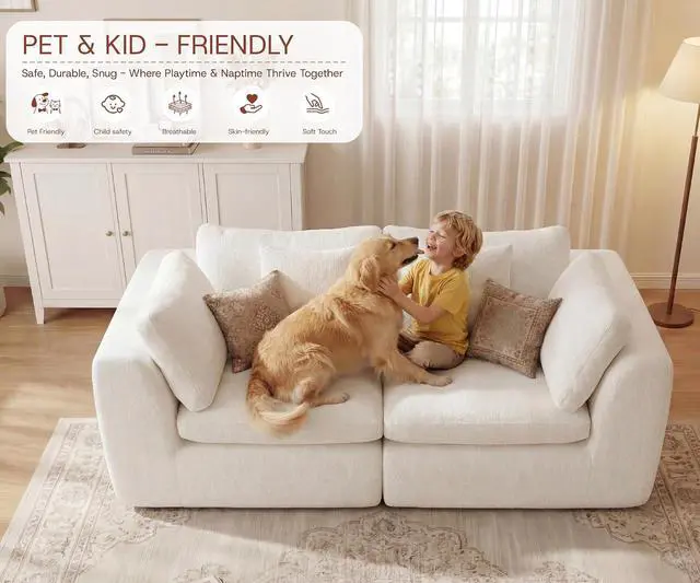 Alt view image 7 of 7 - 79'' Oversized Boneless Cloud Loveseat for Living Room, Modern Big Sectional Compressed 2 Seater Couch with 2 Throw Pillows, Comfy Chenille Deep Seat Foam Spineless 2 Person Couch, Beige