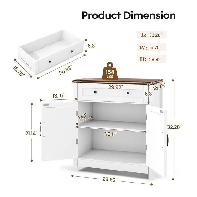 Alt view image 2 of 7 - 30" Coffee Bar Station, Kitchen Sideboard Buffet Cabinet with a Drawer and Adjustable Shelf, Modern Farmhouse Storage Cabinet for Kitchen, Living Room, Entryway, White