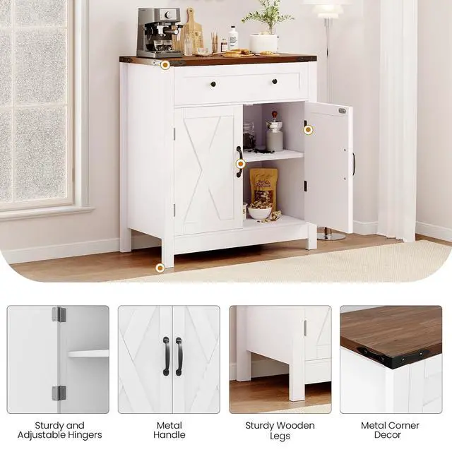 Alt view image 4 of 7 - 30" Coffee Bar Station, Kitchen Sideboard Buffet Cabinet with a Drawer and Adjustable Shelf, Modern Farmhouse Storage Cabinet for Kitchen, Living Room, Entryway, White