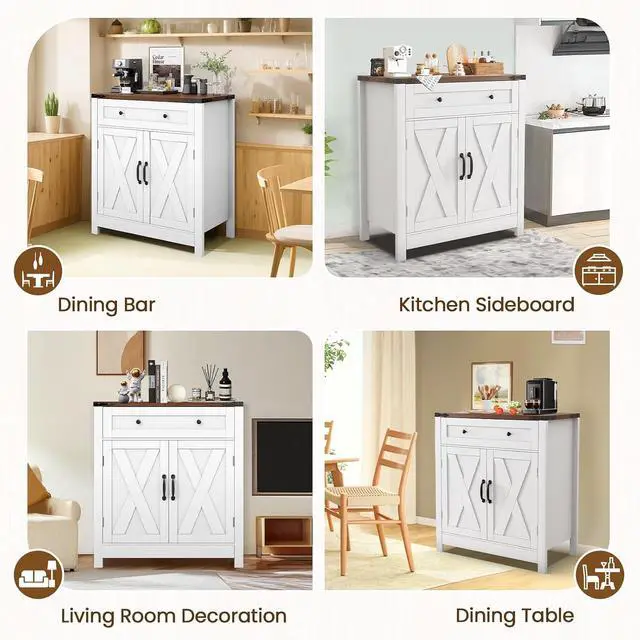 Alt view image 7 of 7 - 30" Coffee Bar Station, Kitchen Sideboard Buffet Cabinet with a Drawer and Adjustable Shelf, Modern Farmhouse Storage Cabinet for Kitchen, Living Room, Entryway, White