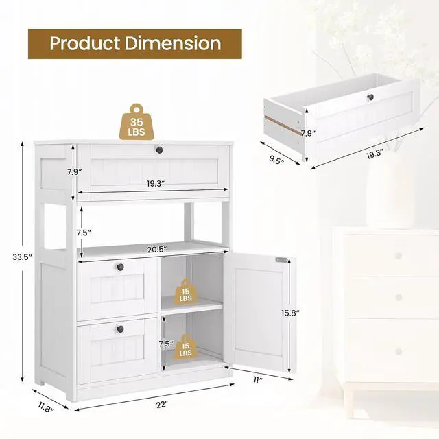 Alt view image 3 of 7 - Bathroom Cabinet, Modern Bathroom Floor Storage Cabinet Organizer with 1 Door and 3 Drawers, Freestanding Cupboard for Kitchen/Living Room Use