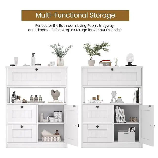 Alt view image 5 of 7 - Bathroom Cabinet, Modern Bathroom Floor Storage Cabinet Organizer with 1 Door and 3 Drawers, Freestanding Cupboard for Kitchen/Living Room Use
