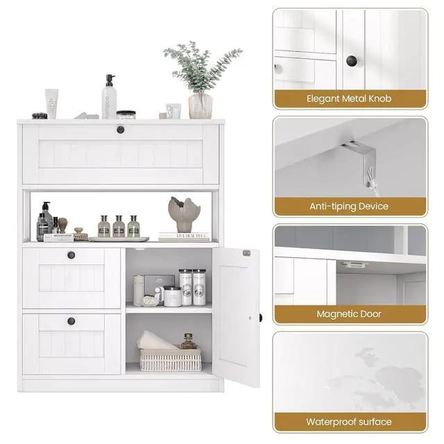 Alt view image 6 of 7 - Bathroom Cabinet, Modern Bathroom Floor Storage Cabinet Organizer with 1 Door and 3 Drawers, Freestanding Cupboard for Kitchen/Living Room Use