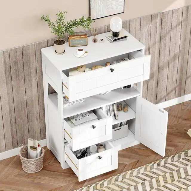 Alt view image 4 of 7 - Bathroom Cabinet, Modern Bathroom Floor Storage Cabinet Organizer with 1 Door and 3 Drawers, Freestanding Cupboard for Kitchen/Living Room Use