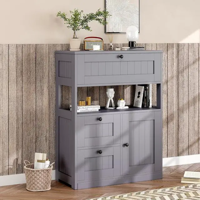 Alt view image 2 of 7 - Bathroom Cabinet, Modern Bathroom Floor Storage Cabinet Organizer with 1 Door and 3 Drawers, Freestanding Cupboard for Kitchen/Living Room Use