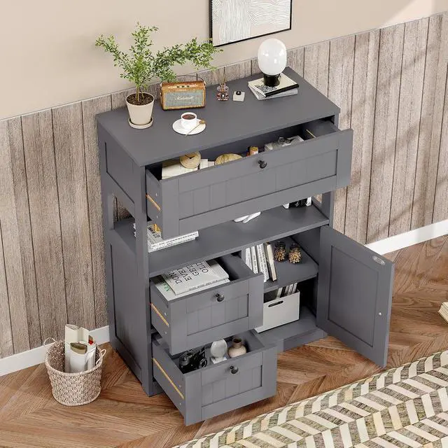 Alt view image 4 of 7 - Bathroom Cabinet, Modern Bathroom Floor Storage Cabinet Organizer with 1 Door and 3 Drawers, Freestanding Cupboard for Kitchen/Living Room Use