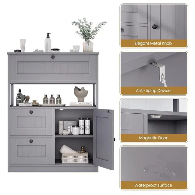 Alt view image 6 of 7 - Bathroom Cabinet, Modern Bathroom Floor Storage Cabinet Organizer with 1 Door and 3 Drawers, Freestanding Cupboard for Kitchen/Living Room Use