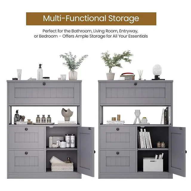 Alt view image 5 of 7 - Bathroom Cabinet, Modern Bathroom Floor Storage Cabinet Organizer with 1 Door and 3 Drawers, Freestanding Cupboard for Kitchen/Living Room Use