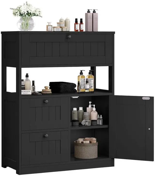 Main image of Storage Cabinet, Modern Bathroom Floor Storage Cabinet Organizer with 1 Door and 3 Drawers, Freestanding Cupboard for Kitchen/Living Room Use