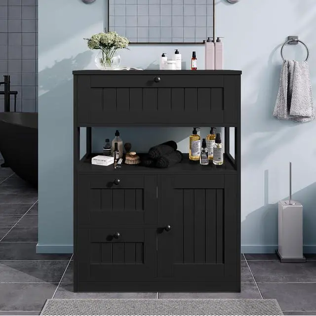 Alt view image 2 of 7 - Storage Cabinet, Modern Bathroom Floor Storage Cabinet Organizer with 1 Door and 3 Drawers, Freestanding Cupboard for Kitchen/Living Room Use