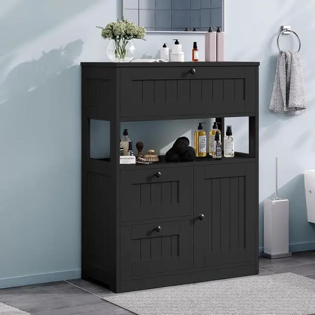 Alt view image 4 of 7 - Storage Cabinet, Modern Bathroom Floor Storage Cabinet Organizer with 1 Door and 3 Drawers, Freestanding Cupboard for Kitchen/Living Room Use